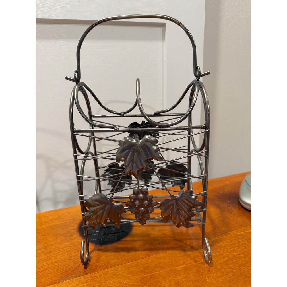 Vintage Metal 2 Bottle Wine Rack Grapevine Leaf Countertop Caddy with Handle